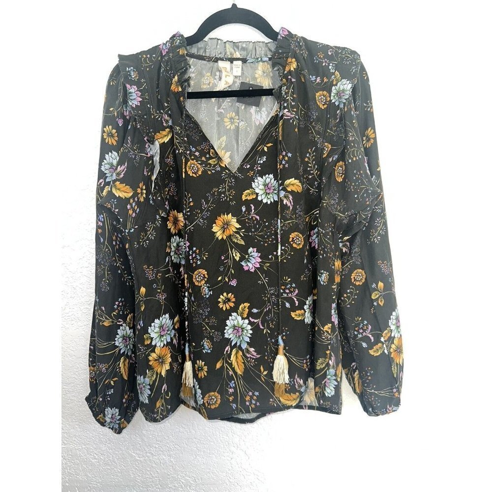 Anthropologie Dolan 100% Silk Floral Blouse Long Sleeve NEW Tassels Black (M)
